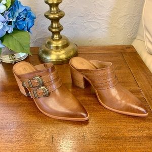 Frye Brown Leather Mules with Buckle Detail